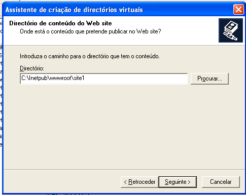 8. Na próxima janela deverá informar em qual directório está localizado o seu site. Como este ainda não existe, temos de criar uma pasta que irá conter os ficheiros do site.