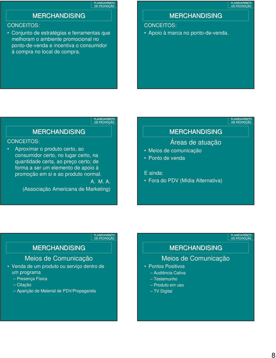 CONCEITOS: Aproximar o produto certo, ao consumidor certo, no lugar certo, na quantidade certa, ao preço certo; de forma a ser um elemento de apoio à promoção em si e ao produto normal. A. M.