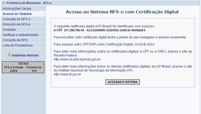 O seu certificado digital será então identificado.