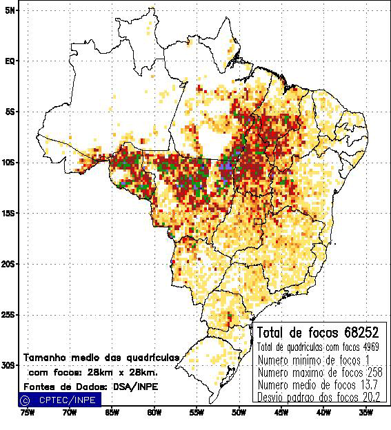 Número de Focos Figura 2: Mapas de total mensal de focos de queimadas no Brasil, detectados pelo satélite NOAA-12, referentes aos meses de fevereiro (esquerda) e setembro (direita) de 2004.