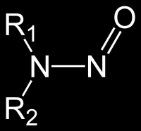 Nitrosaminas : São compostos químicos cancerígenos de estrutura química R 2 N-N=O. Nitrosaminas são produzidas a partir de nitritos e aminas.