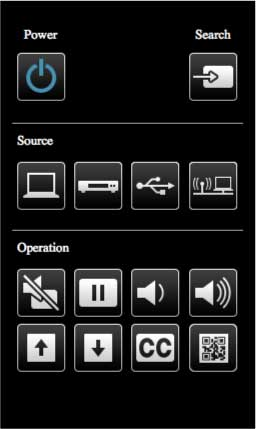 Você verá uma tela como esta: 1 Controle do botão de energia 2 Seleciona a fonte da porta Computer 3 Seleciona fontes das portas Video, S-Video e HDMI/MHL 4 Controle do botão de Pausa 5 Controle do