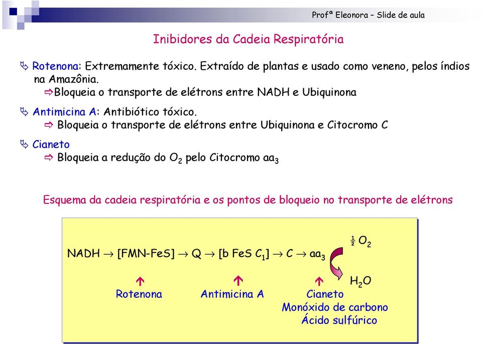 Bloqueia o transporte de elétrons entre NADH e Ubiquinona Antimicina A: Antibiótico tóxico.