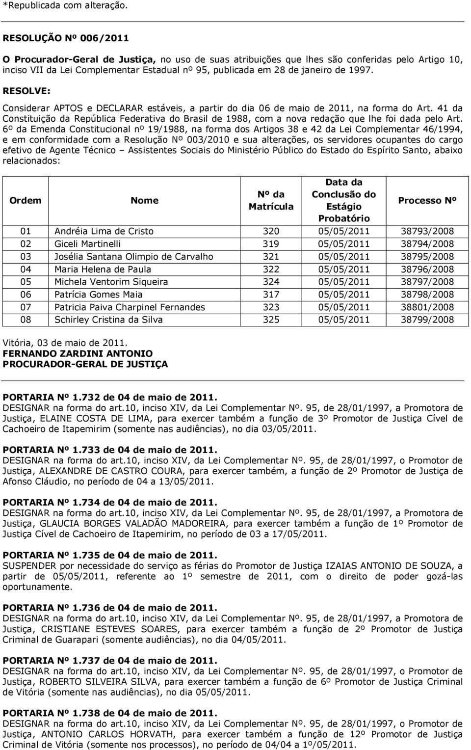 1997. RESOLVE: Considerar APTOS e DECLARAR estáveis, a partir do dia 06 de maio de 2011, na forma do Art.