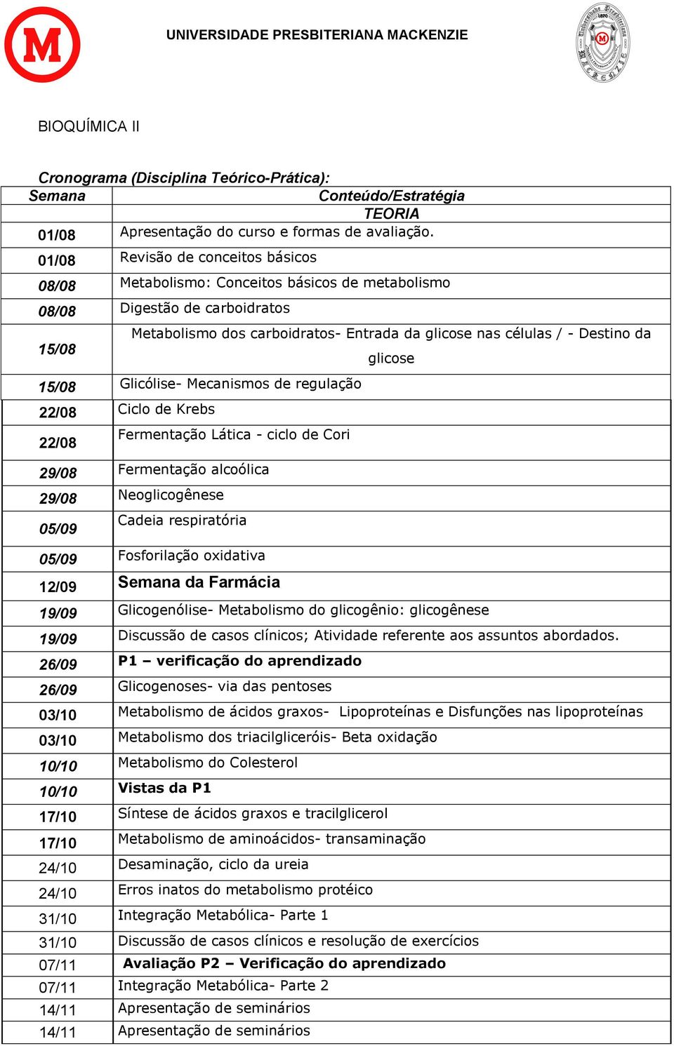 15/08 Glicólise- Mecanismos de regulação 22/08 Ciclo de Krebs 22/08 Fermentação Lática - ciclo de Cori 29/08 Fermentação alcoólica 29/08 Neoglicogênese 05/09 Cadeia respiratória 05/09 Fosforilação