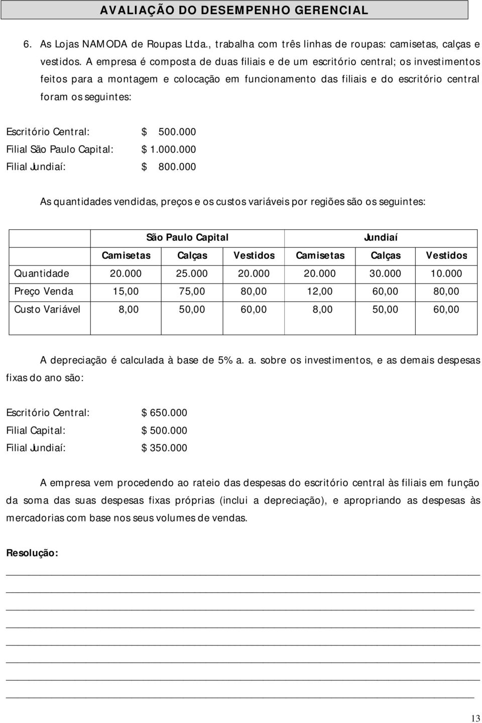 Escritório Central: $ 0.500.000 Filial São Paulo Capital: $ 1.000.000 Filial Jundiaí: $ 0.800.