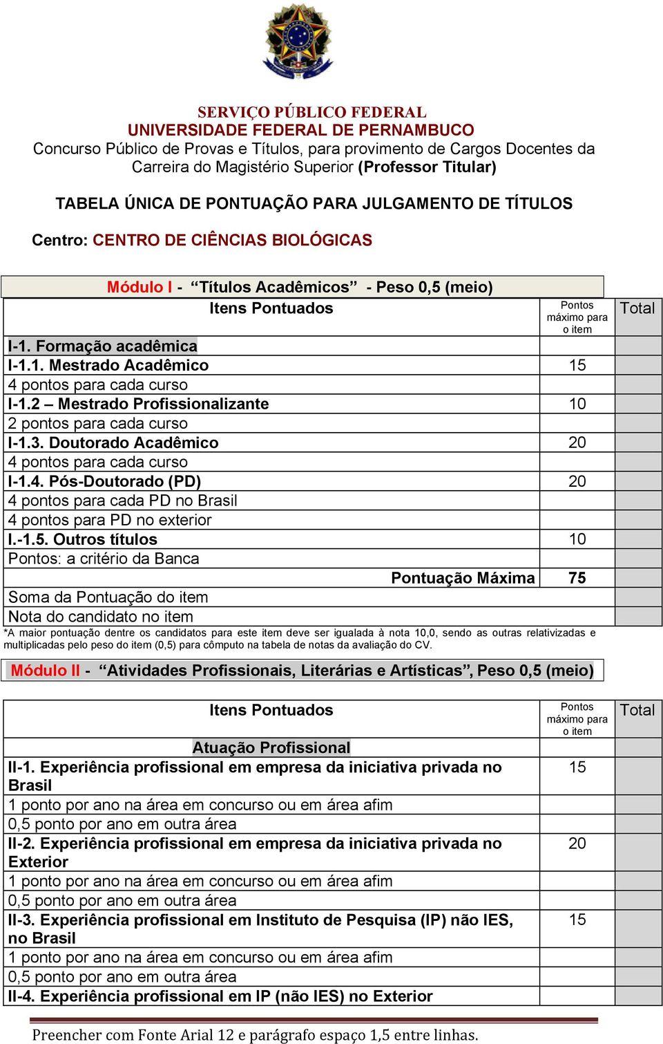 Formação acadêmica I-1.1. Mestrado Acadêmico 15 4 pontos para cada curso I-1.2 Mestrado Profissionalizante 10 2 pontos para cada curso I-1.3. Doutorado Acadêmico 20 4 pontos para cada curso I-1.4. Pós-Doutorado (PD) 20 4 pontos para cada PD no Brasil 4 pontos para PD no exterior I.