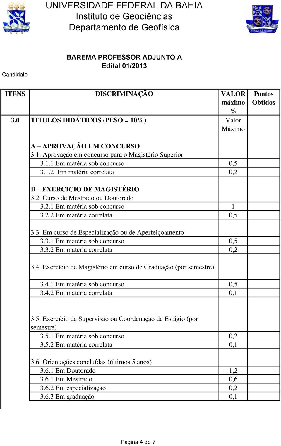 4. Exercício de Magistério em curso de Graduação (por semestre) 3.4.1 Em matéria sob concurso 0,5 3.4.2 Em matéria correlata 0,1 3.5. Exercício de Supervisão ou Coordenação de Estágio (por semestre) 3.