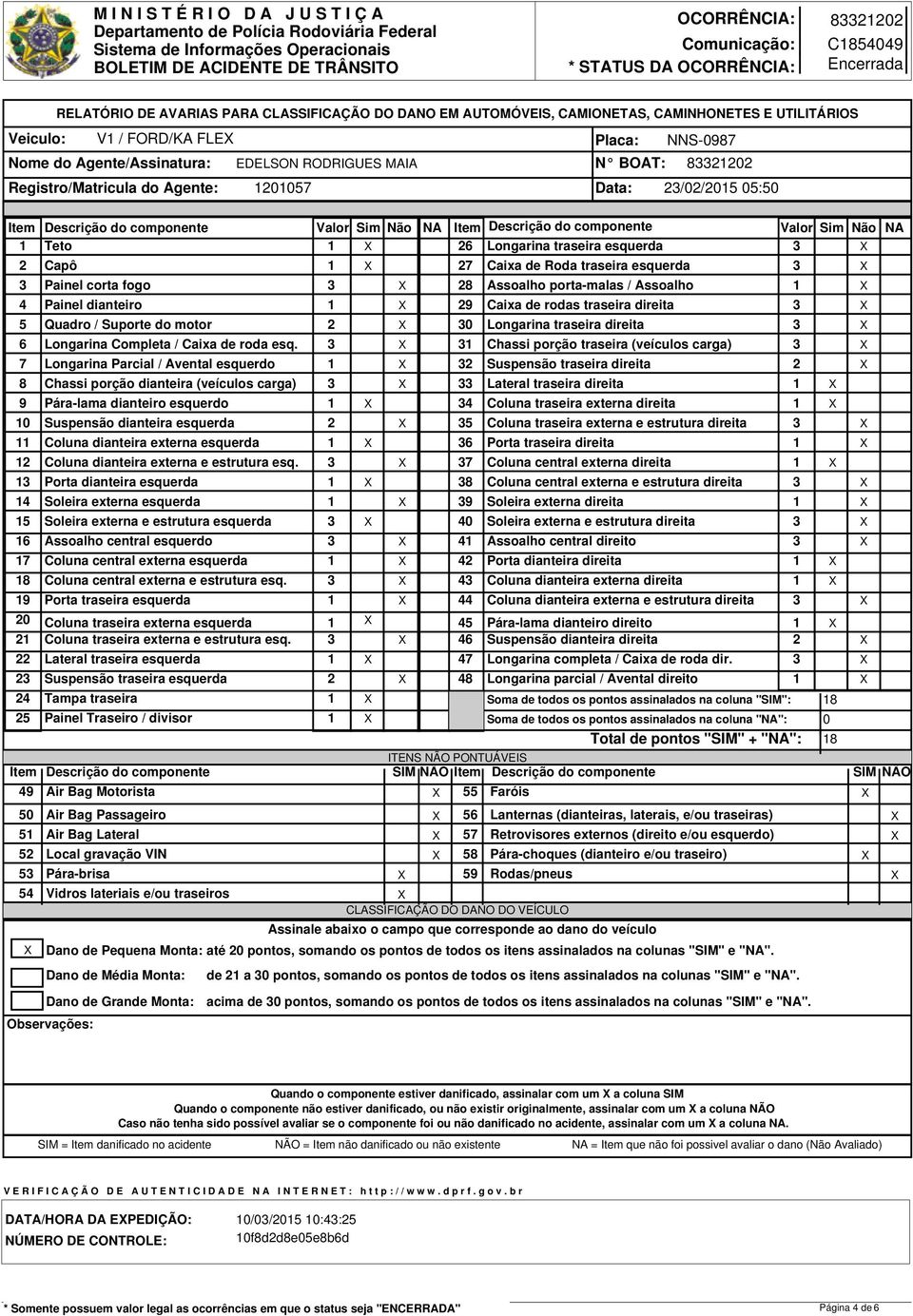 traseira esquerda 4 5 6 7 8 9 0 4 5 6 7 8 9 0 4 5 Item 49 50 5 5 5 RELATÓRIO DE AVARIAS PARA CLASSIFICAÇÃO DO DANO EM AUTOMÓVEIS, CAMIONETAS, CAMINHONETES E UTILITÁRIOS Capô Painel corta fogo Painel