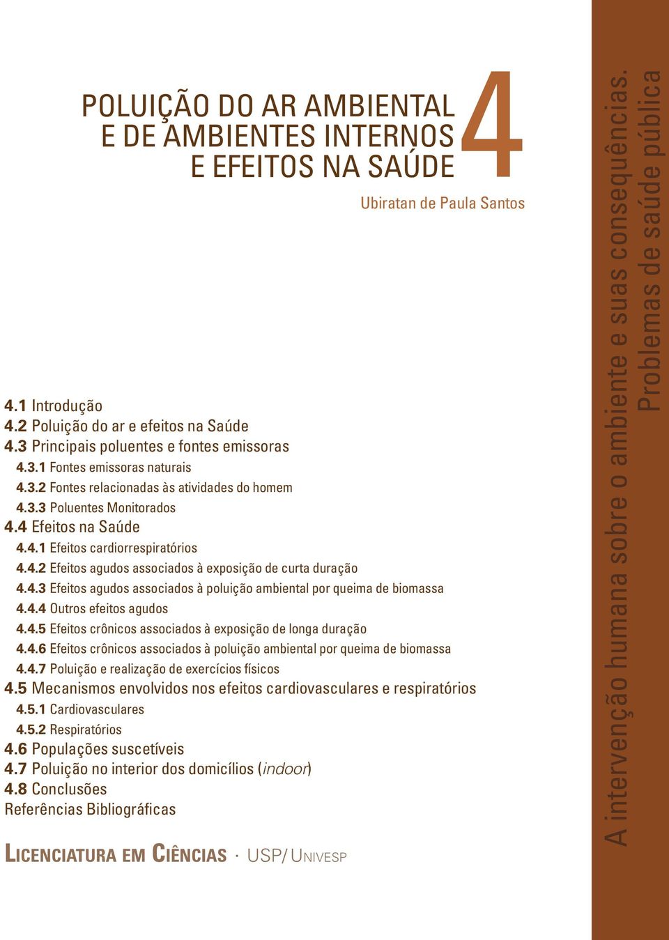 4.5 Efeitos crônicos associados à exposição de longa duração 4.4.6 Efeitos crônicos associados à poluição ambiental por queima de biomassa 4.4.7 Poluição e realização de exercícios físicos 4.