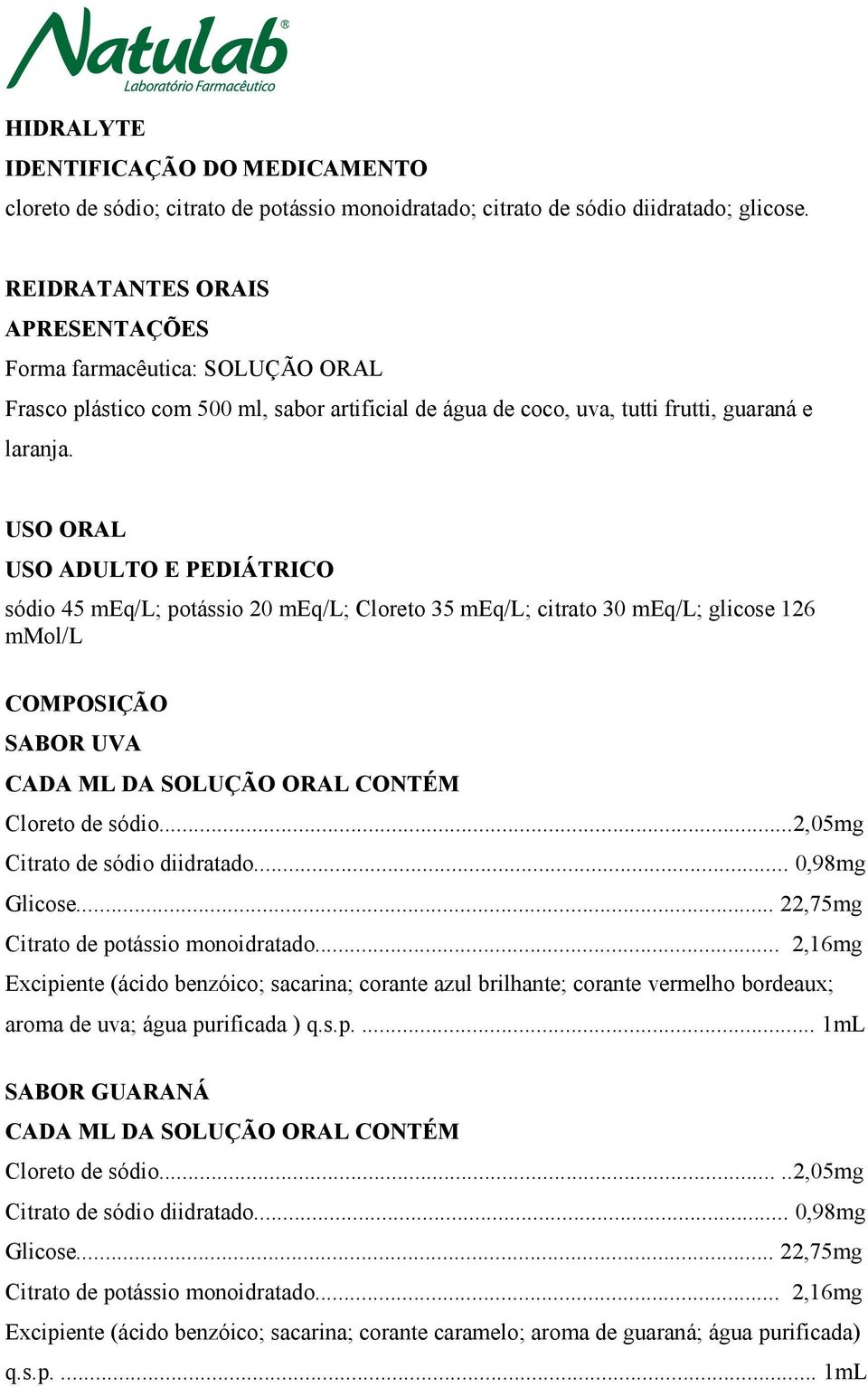 USO ORAL USO ADULTO E PEDIÁTRICO sódio 45 meq/l; potássio 20 meq/l; Cloreto 35 meq/l; citrato 30 meq/l; glicose 126 mmol/l COMPOSIÇÃO SABOR UVA Cloreto de sódio...2,05mg Citrato de sódio diidratado.