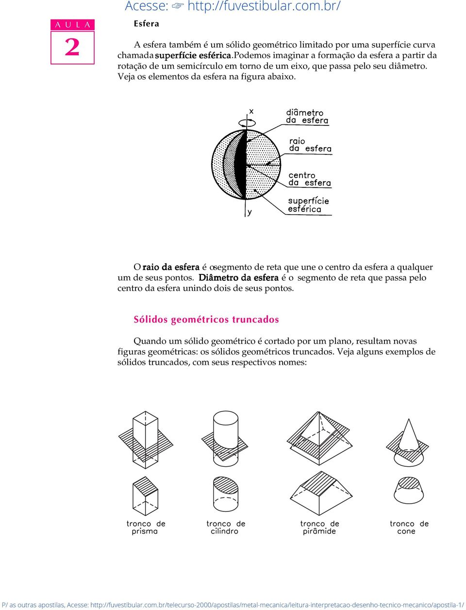 O raio da esfera é o segmento de reta que une o centro da esfera a qualquer um de seus pontos. Diâmetro da esfera é o segmento de reta que passa pelo centro da esfera unindo dois de seus pontos.