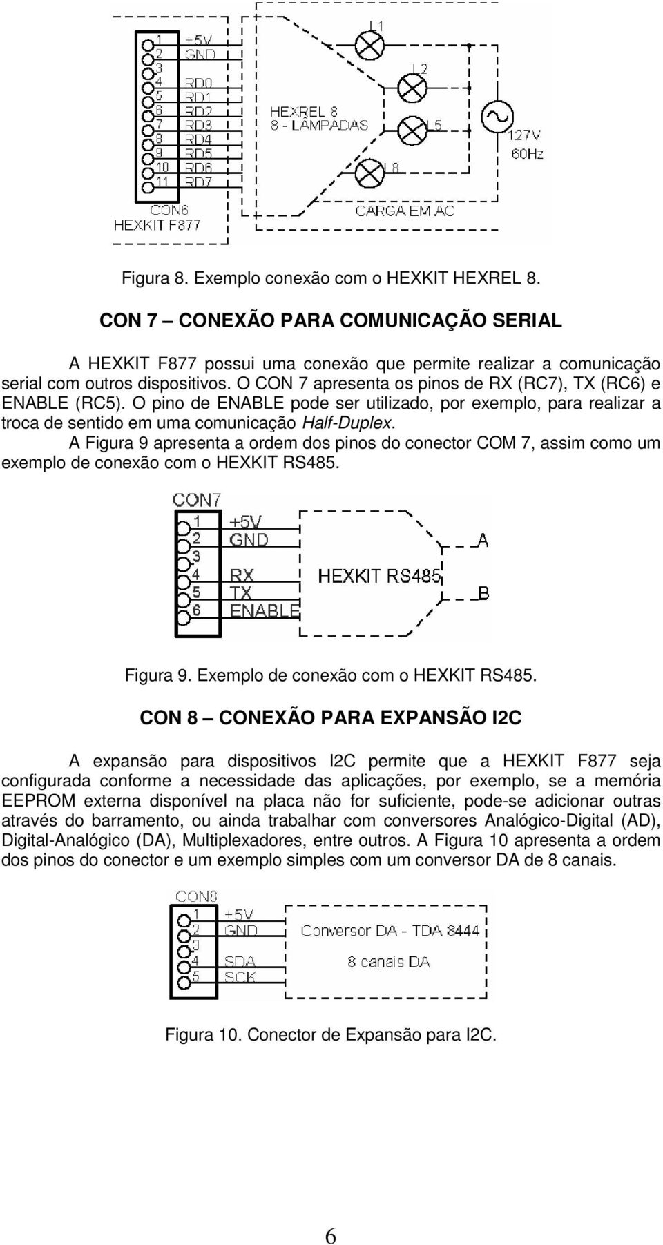 A Figura 9 apresenta a ordem dos pinos do conector COM 7, assim como um exemplo de conexão com o HEXKIT RS485. Figura 9. Exemplo de conexão com o HEXKIT RS485.