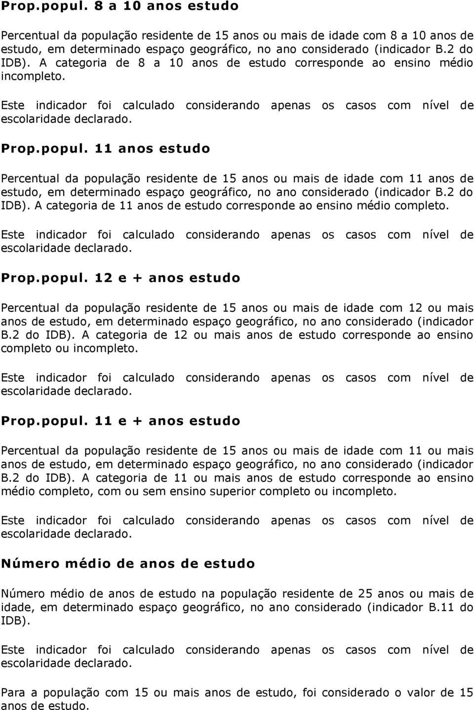 11 anos estudo Percentual da população residente de 15 anos ou mais de idade com 11 anos de estudo, em determinado espaço geográfico, no ano considerado (indicador B.2 do IDB).