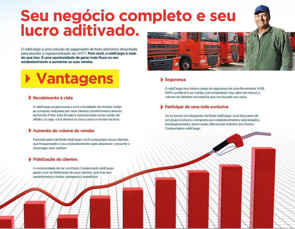 Vantagens Recebimento à vista O nddcargo proporciona a você a facilidade de receber todas as compras realizadas por seus clientes caminhoneiros através da função Frete.