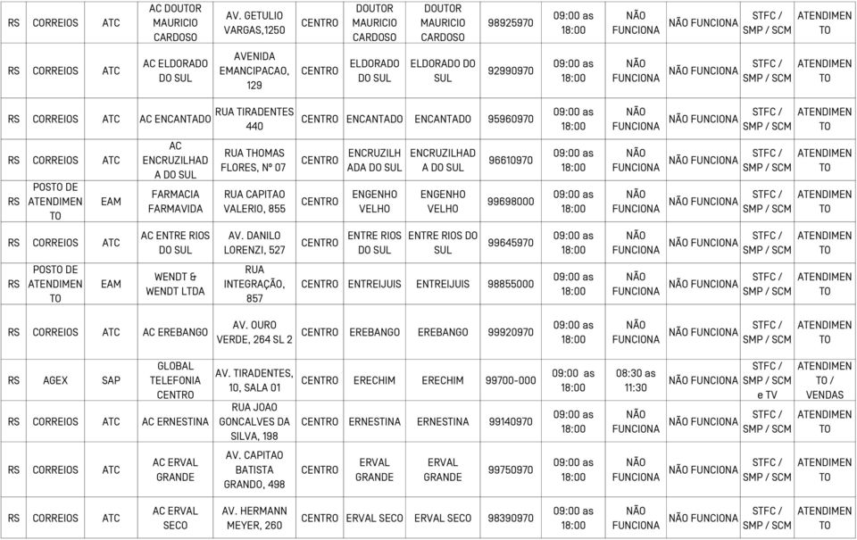 TIRADENTES 440 ENCANTADO ENCANTADO 95960970 FUNCIONA FUNCIONA POS DE AC ENCRUZILHAD A FARMACIA FARMAVIDA RUA THOMAS FLORES, Nº 07 RUA CAPITAO VALERIO, 855 ENCRUZILH ADA ENGENHO VELHO ENCRUZILHAD A