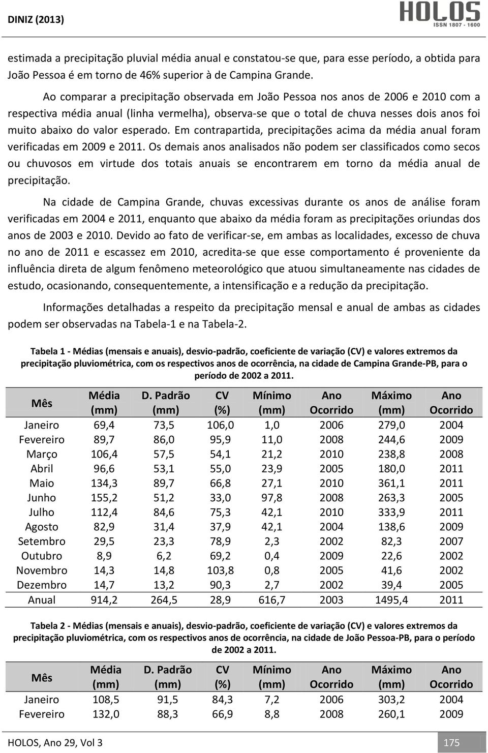 esperado. Em contrapartida, precipitações acima da média anual foram verificadas em 2009 e 2011.