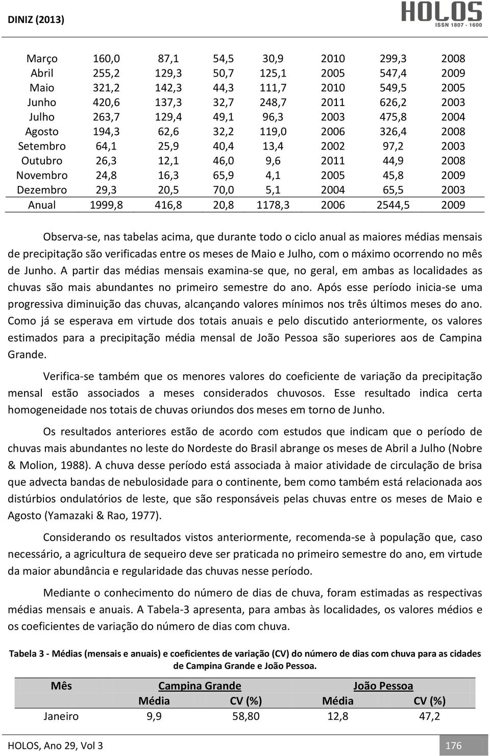 Dezembro 29,3 20,5 70,0 5,1 2004 65,5 2003 Anual 1999,8 416,8 20,8 1178,3 2006 2544,5 2009 Observa-se, nas tabelas acima, que durante todo o ciclo anual as maiores médias mensais de precipitação são