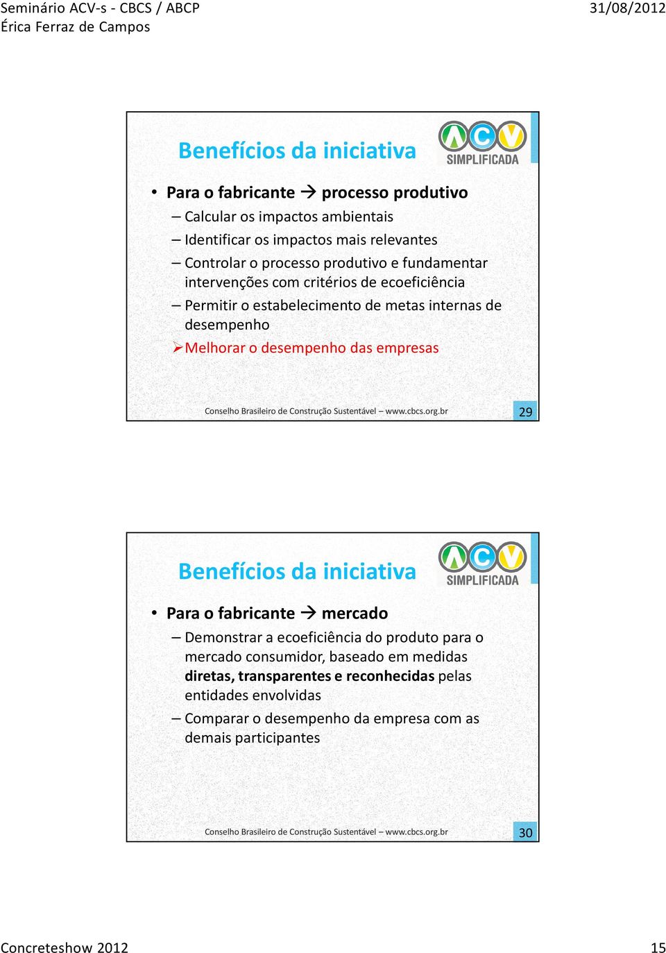 desempenho das empresas 29 Benefícios da iniciativa Para o fabricante mercado Demonstrar a ecoeficiênciado produto para o mercado consumidor, baseado