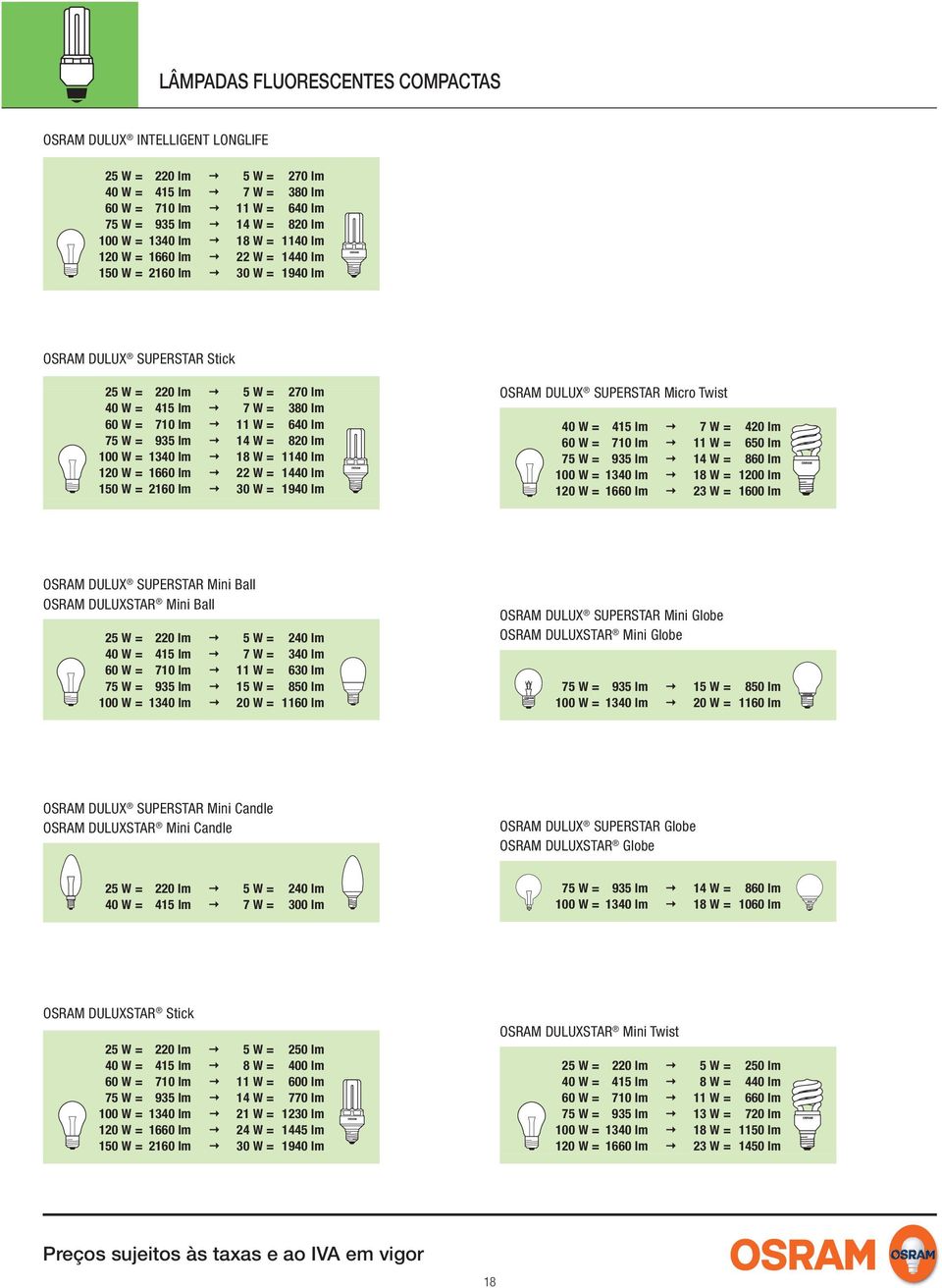 = 820 lm 100 W = 1340 lm 18 W = 1140 lm 120 W = 1660 lm 22 W = 1440 lm 150 W = 2160 lm 30 W = 1940 lm OSRAM DULUX SUPERSTAR Micro Twist 40 W = 415 lm 7 W = 420 lm 60 W = 710 lm 11 W = 650 lm 75 W =