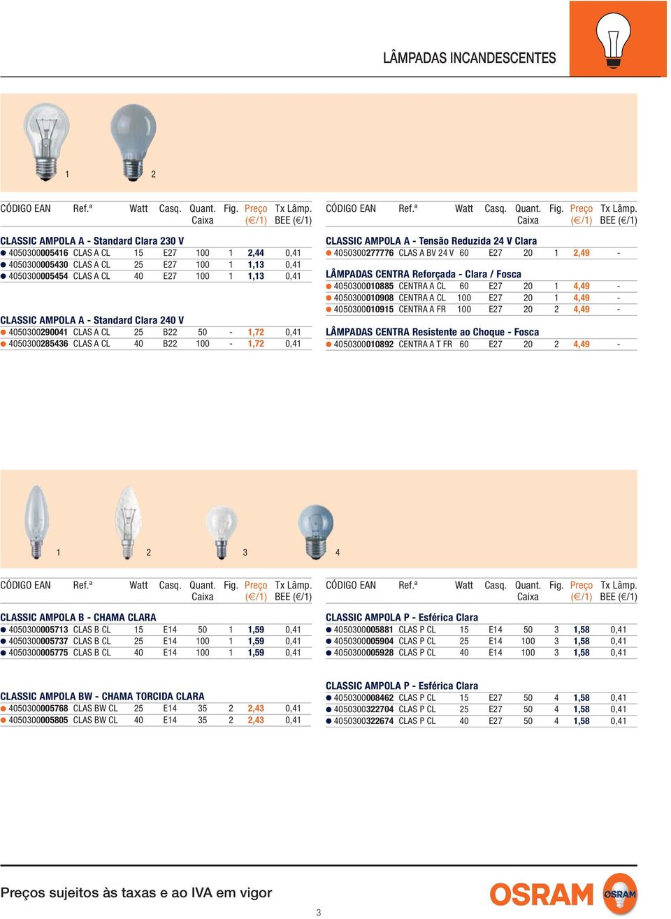 A - Standard Clara 240 V 4050300290041 CLAS A CL 25 B22 50-1,72 0,41 4050300285436 CLAS A CL 40 B22 100-1,72 0,41 CÓDIGO EAN Ref.ª Watt Casq. Quant. Fig. Tx Lâmp.