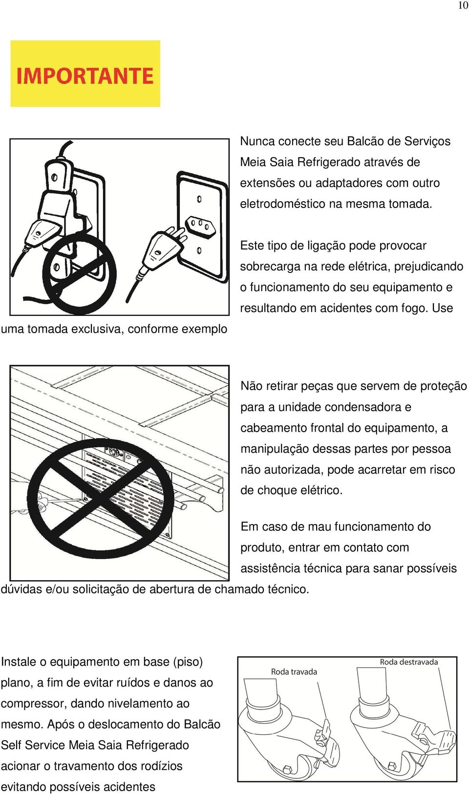 Use Não retirar peças que servem de proteção para a unidade condensadora e cabeamento frontal do equipamento, a manipulação dessas partes por pessoa não autorizada, pode acarretar em risco de choque