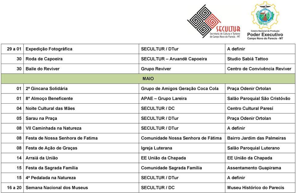 Cultural Paresí 05 Sarau na Praça SECULTUR / DTur Praça Odenir Ortolan 08 VII Caminhada na Natureza SECULTUR / DTur A definir 08 Festa de Nossa Senhora de Fatima Comunidade Nossa Senhora de Fátima