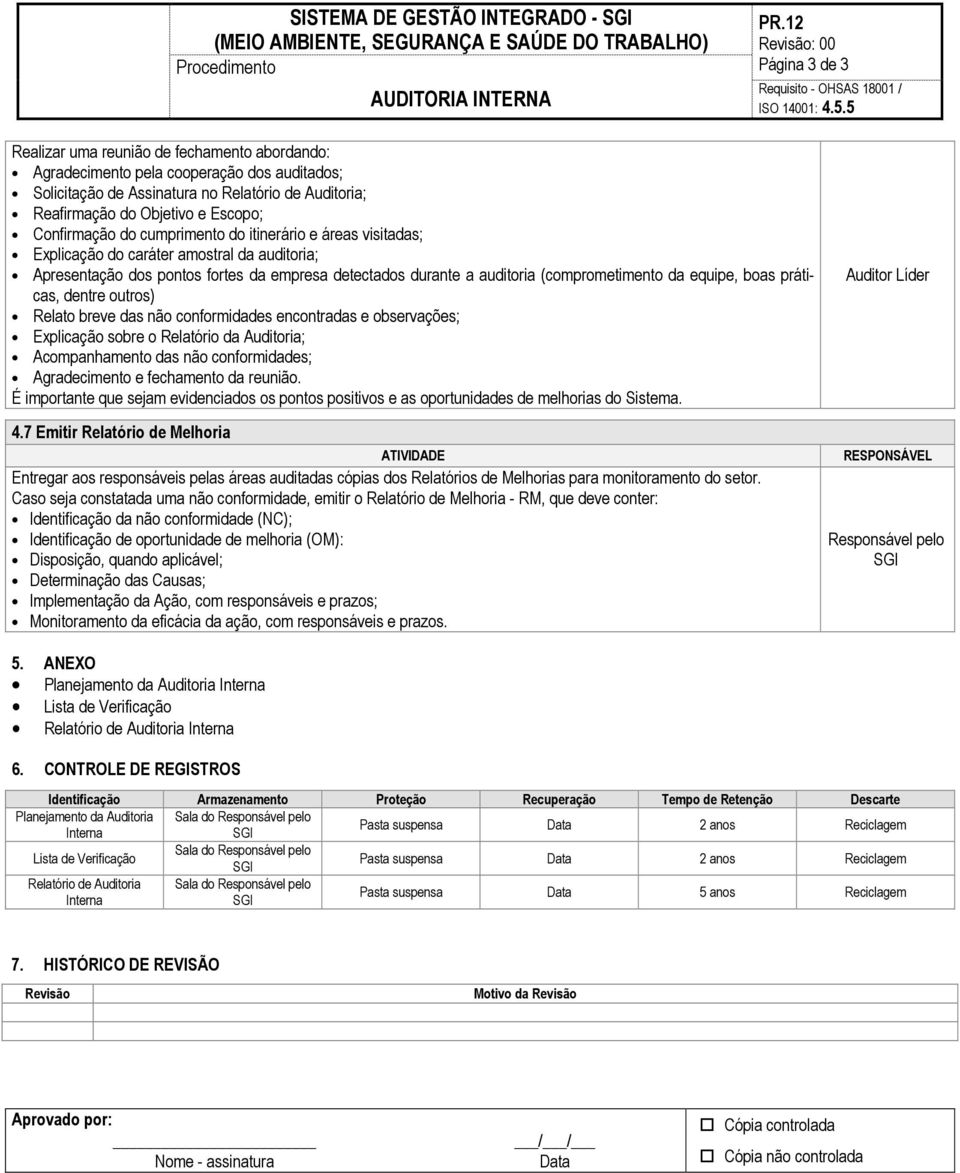 cumprimento do itinerário e áreas visitadas; Explicação do caráter amostral da auditoria; Apresentação dos pontos fortes da empresa detectados durante a auditoria (comprometimento da equipe, boas