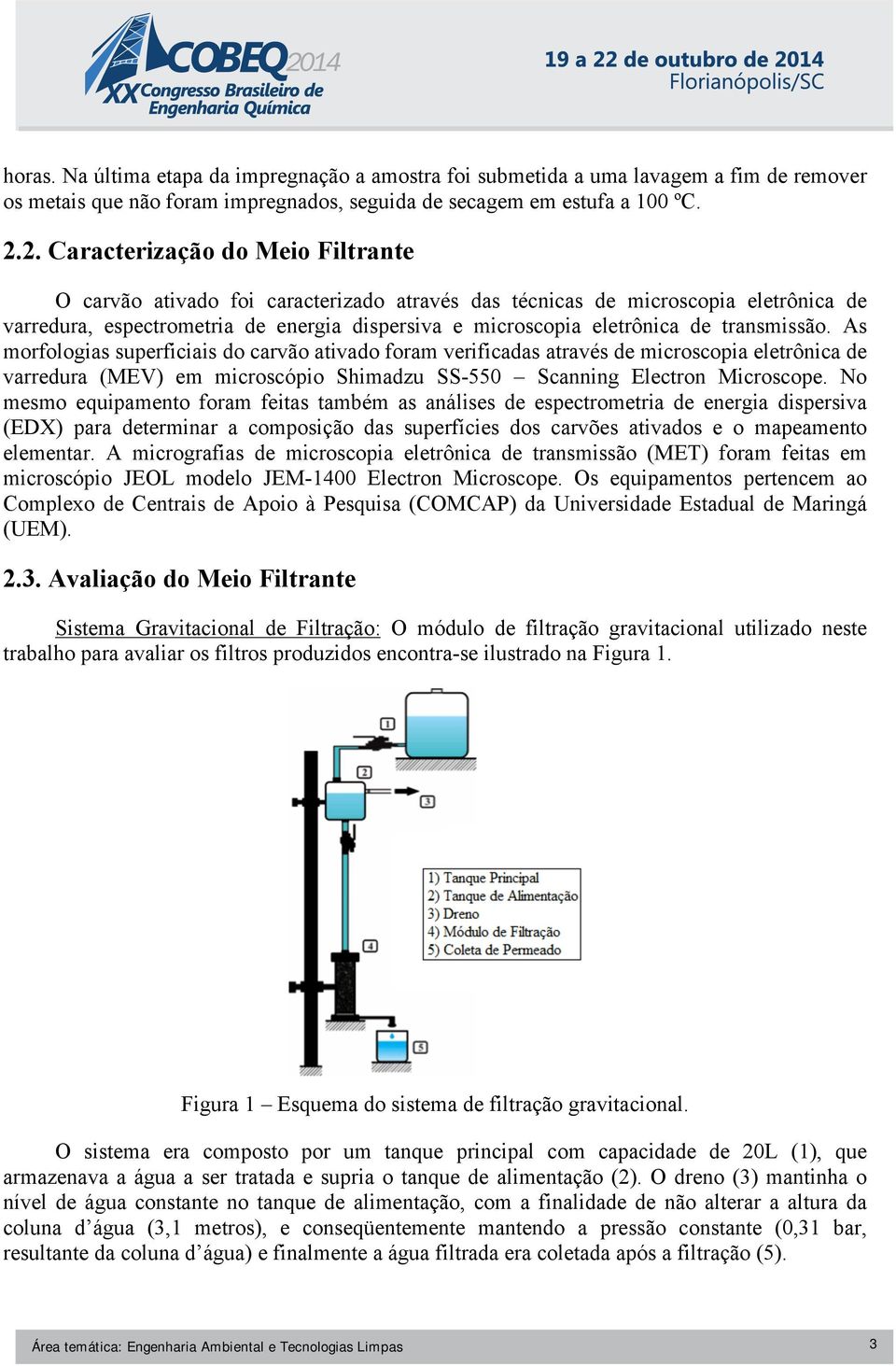 transmissão. As morfologias superficiais do carvão ativado foram verificadas através de microscopia eletrônica de varredura (MEV) em microscópio Shimadzu SS-550 Scanning Electron Microscope.