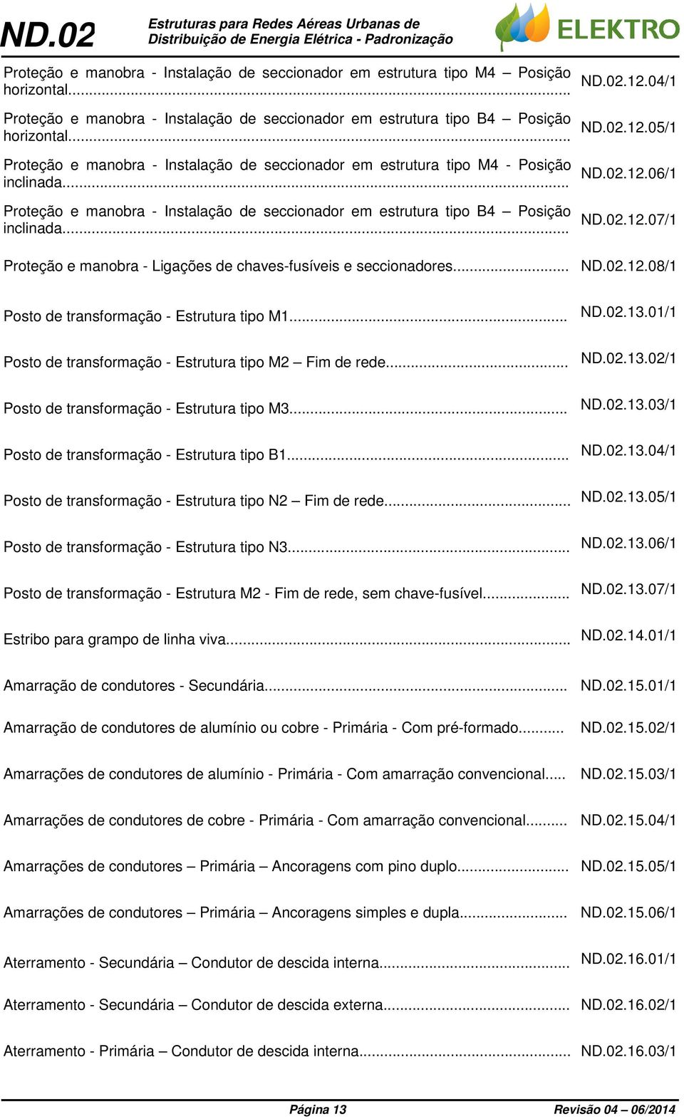 ...12.07/1 Proteção e manobra - Ligações de chaves-fusíveis e seccionadores....12.08/1 Posto de transformação - Estrutura tipo M1....13.01/1 Posto de transformação - Estrutura tipo M2 Fim de rede....13.02/1 Posto de transformação - Estrutura tipo M3.