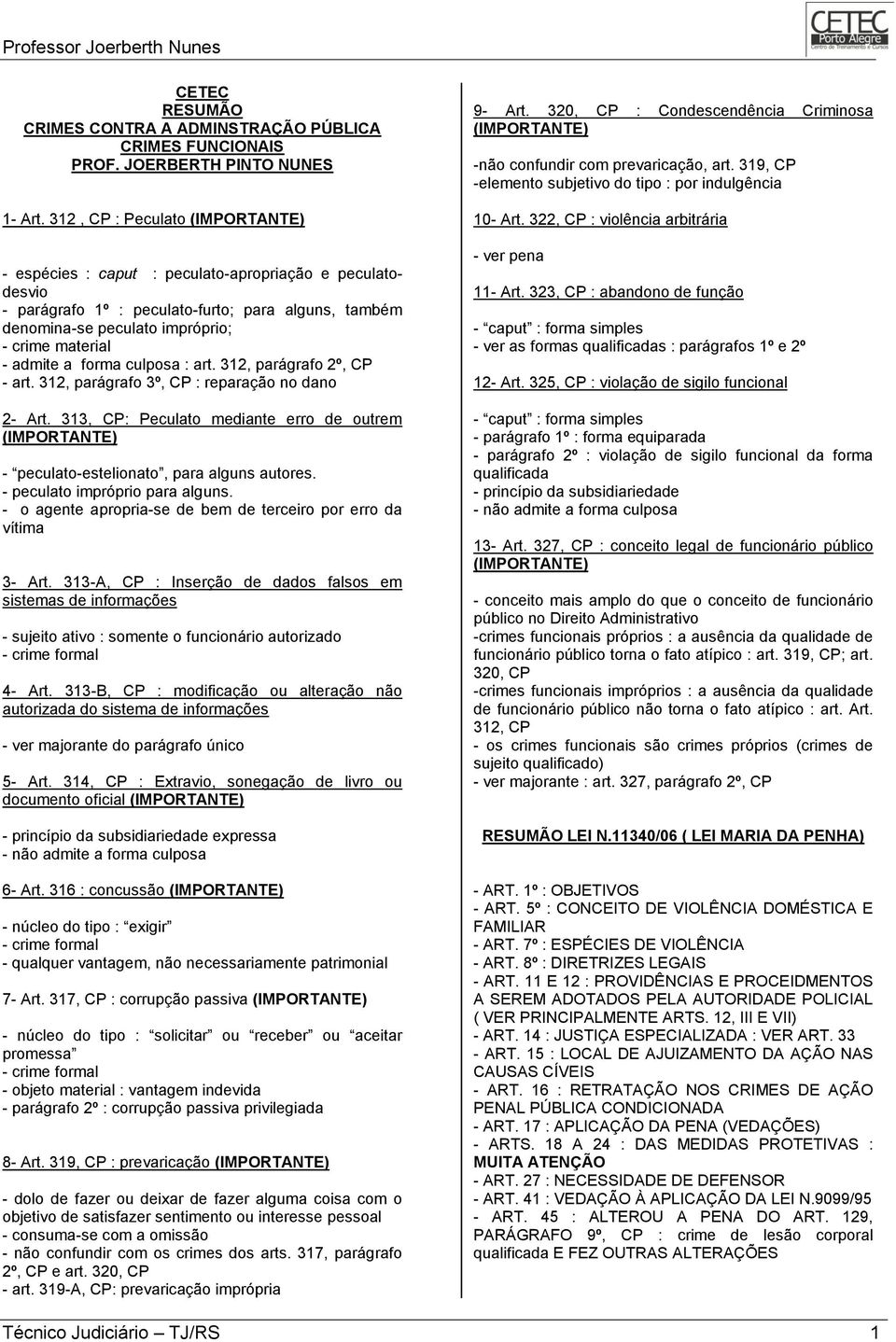 admite a forma culposa : art. 312, parágrafo 2º, CP - art. 312, parágrafo 3º, CP : reparação no dano 2- Art.