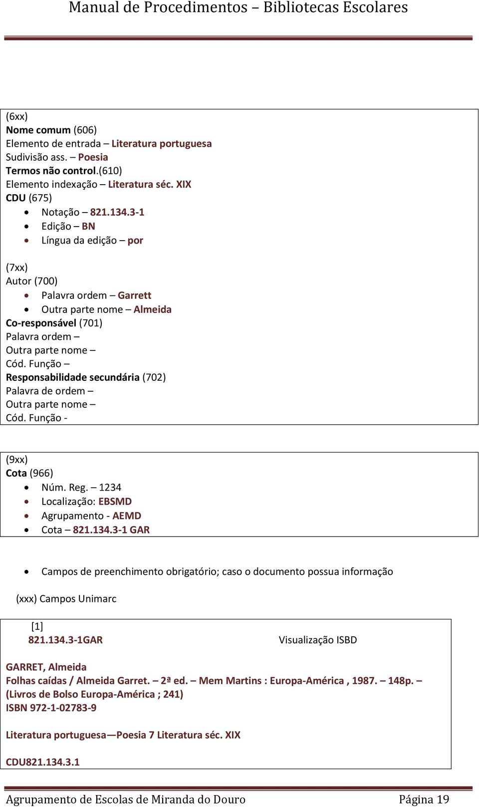 Função Responsabilidade secundária (702) Palavra de ordem Outra parte nome Cód. Função - (9xx) Cota (966) Núm. Reg. 1234 Localização: EBSMD Agrupamento - AEMD Cota 821.134.