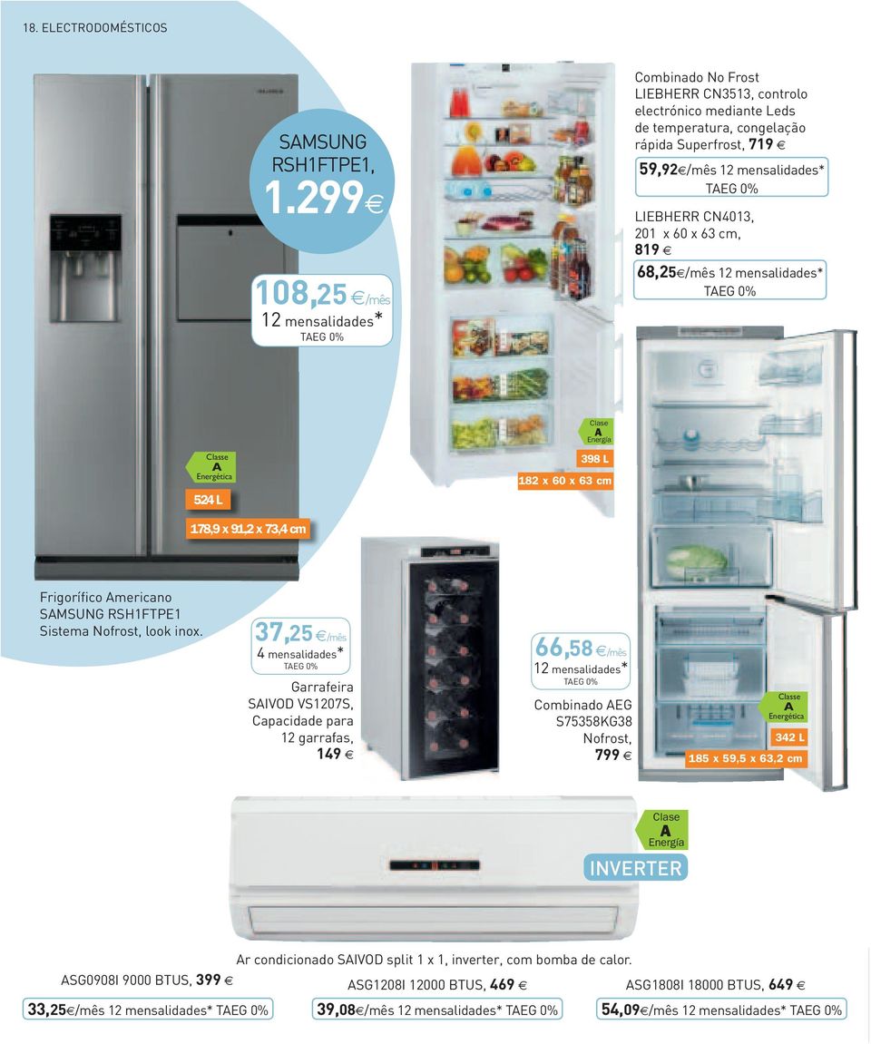 /mês Clase A Energía Classe A Energética 524 L 398 L 182 x 60 x 63 cm 178,9 x 91,2 x 73,4 cm Frigorífico Americano SAMSUNG RSH1FTPE1 Sistema Nofrost, look inox.