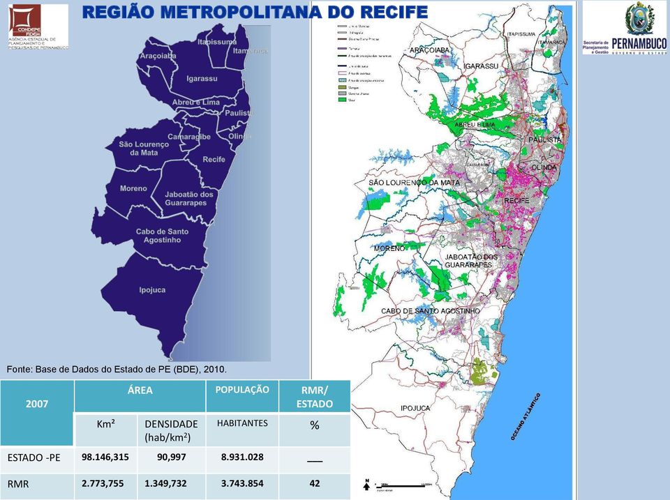 2007 Km² ÁREA POPULAÇÃO RMR/ ESTADO DENSIDADE (hab/km 2