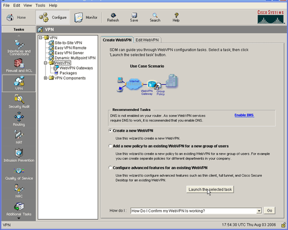 Etapa 2. Configurar um contexto WebVPN e o gateway WebVPN com o assistente SDM Termine estas etapas a fim configurar um contexto WebVPN e o gateway WebVPN: 1. 2. Depois que o SVC é instalado no roteador, o clique configura, e clica então o VPN.