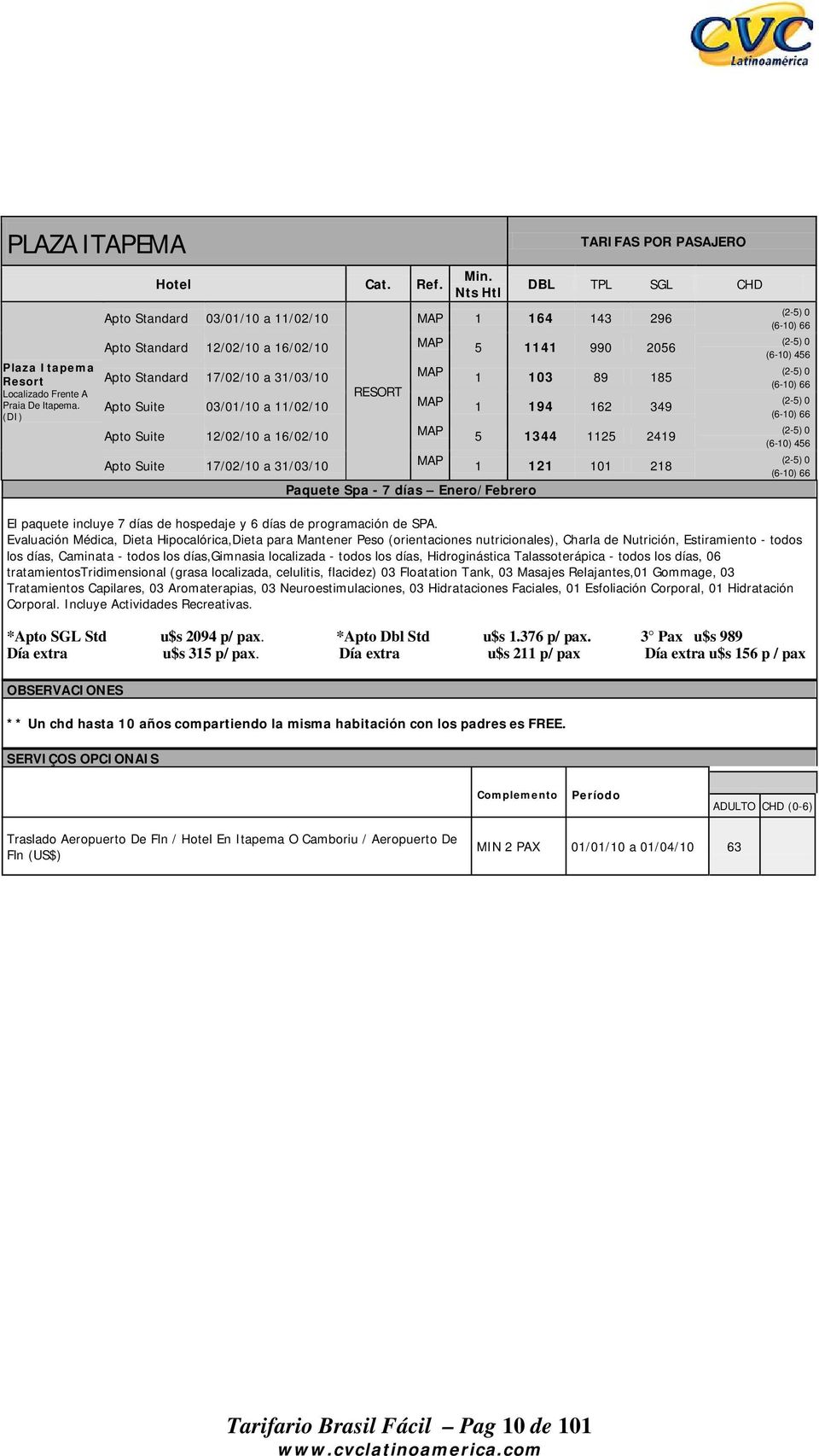 16/02/10 MAP 5 13 1125 219 Apto Suite 17/02/10 a 31/03/10 MAP 1 121 101 218 Paquete Spa - 7 días Enero/Febrero (6-10) 66 (6-10) 56 (6-10) 66 (6-10) 66 (6-10) 56 (6-10) 66 El paquete incluye 7 días de