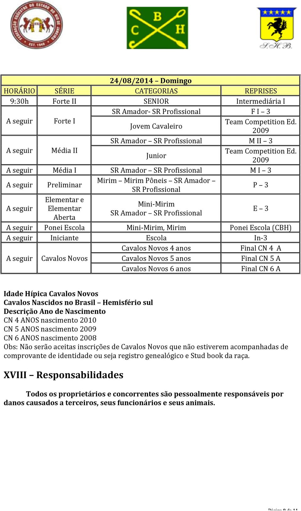 Junior 2009 A seguir Média I SR Amador SR Profissional M I 3 A seguir Preliminar Mirim Mirim Pôneis SR Amador SR Profissional P 3 A seguir Elementar e Elementar Aberta Mini- Mirim SR Amador SR