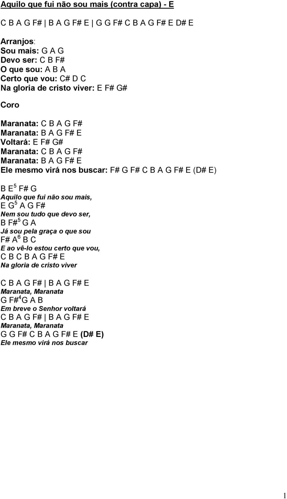 5 F# G Aquilo que fui não sou mais, E G 5 A G F# Nem sou tudo que devo ser, B F# 5 G A Já sou pela graça o que sou F# A 6 B C E ao vê-lo estou certo que vou, C B C B A G F# E Na gloria de