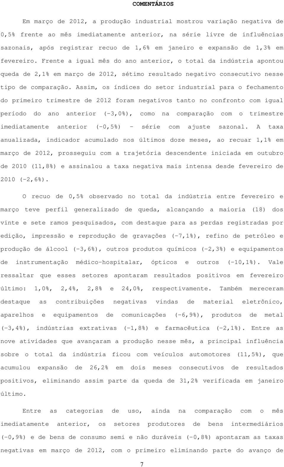 Frente a igual mês do ano anterior, o total da indústria apontou queda de 2,1% em março de 2012, sétimo resultado negativo consecutivo nesse tipo de comparação.