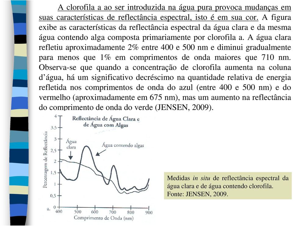 A água clara refletiu aproximadamente 2% entre 400 e 500 nm e diminui gradualmente para menos que 1% em comprimentos de onda maiores que 710 nm.