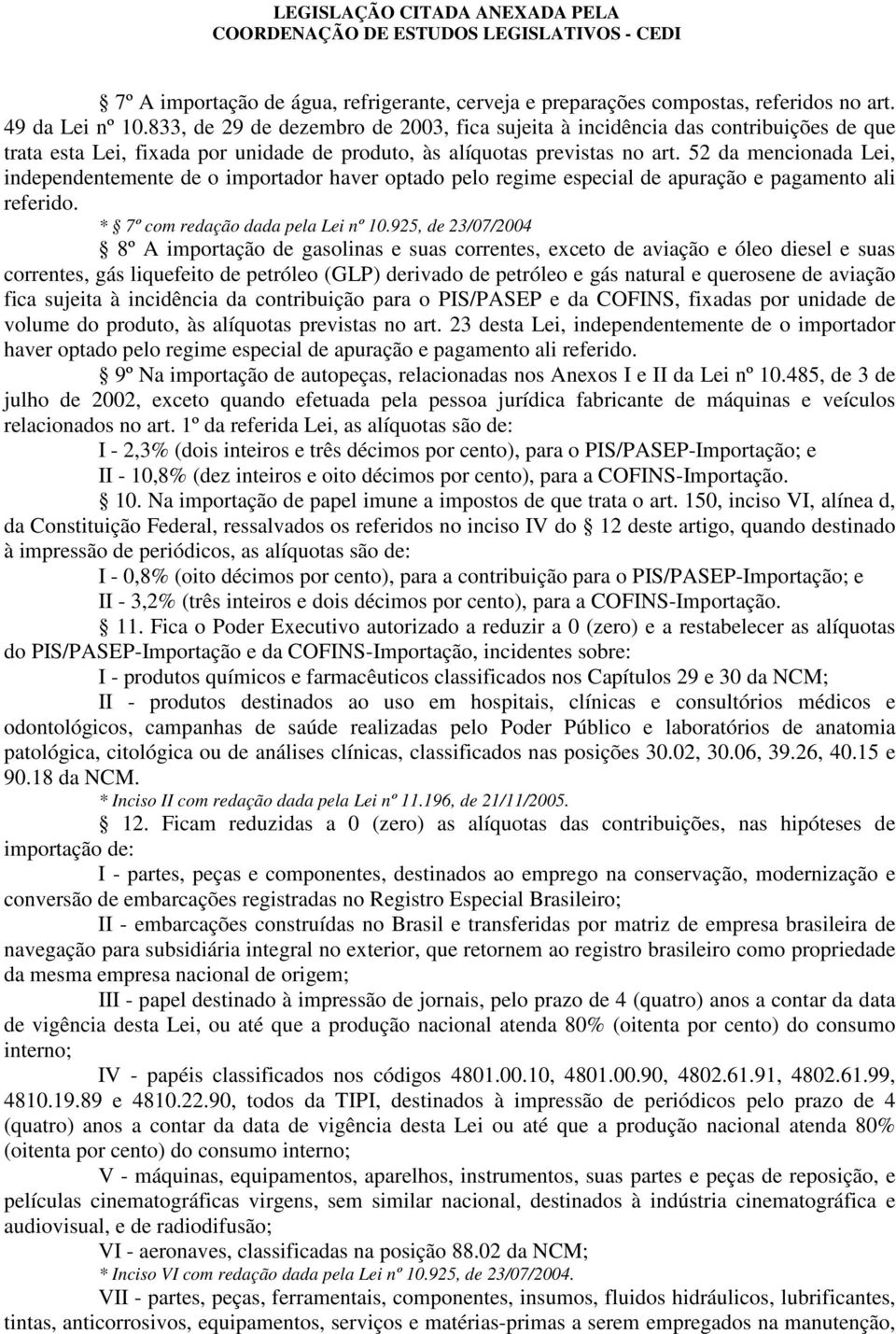 52 da mencionada Lei, independentemente de o importador haver optado pelo regime especial de apuração e pagamento ali referido. * 7º com redação dada pela Lei nº 10.