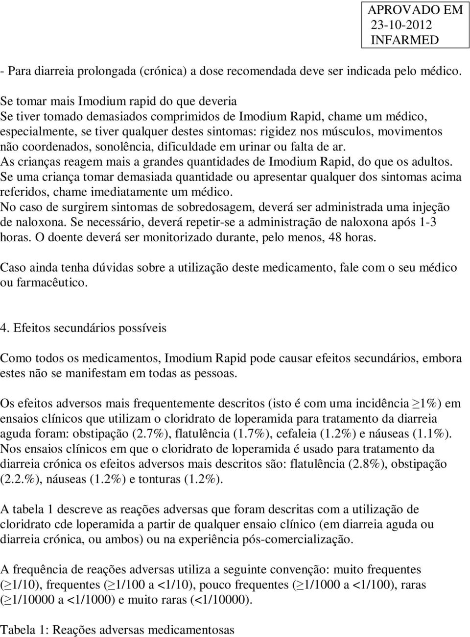 não coordenados, sonolência, dificuldade em urinar ou falta de ar. As crianças reagem mais a grandes quantidades de Imodium Rapid, do que os adultos.