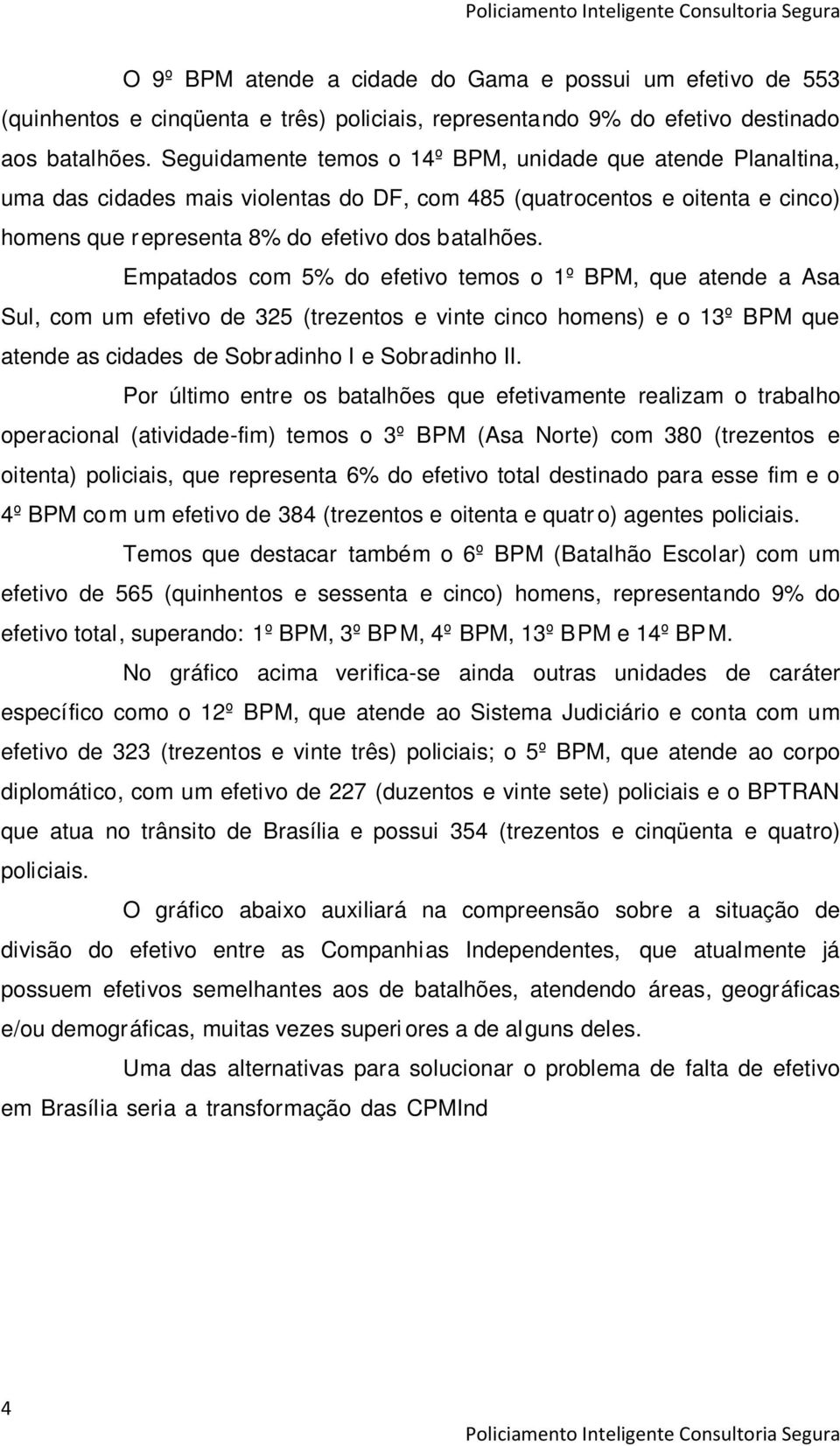 Empatados com 5% do efetivo temos o 1º BPM, que atende a Asa Sul, com um efetivo de 325 (trezentos e vinte cinco homens) e o 13º BPM que atende as cidades de Sobradinho I e Sobradinho II.