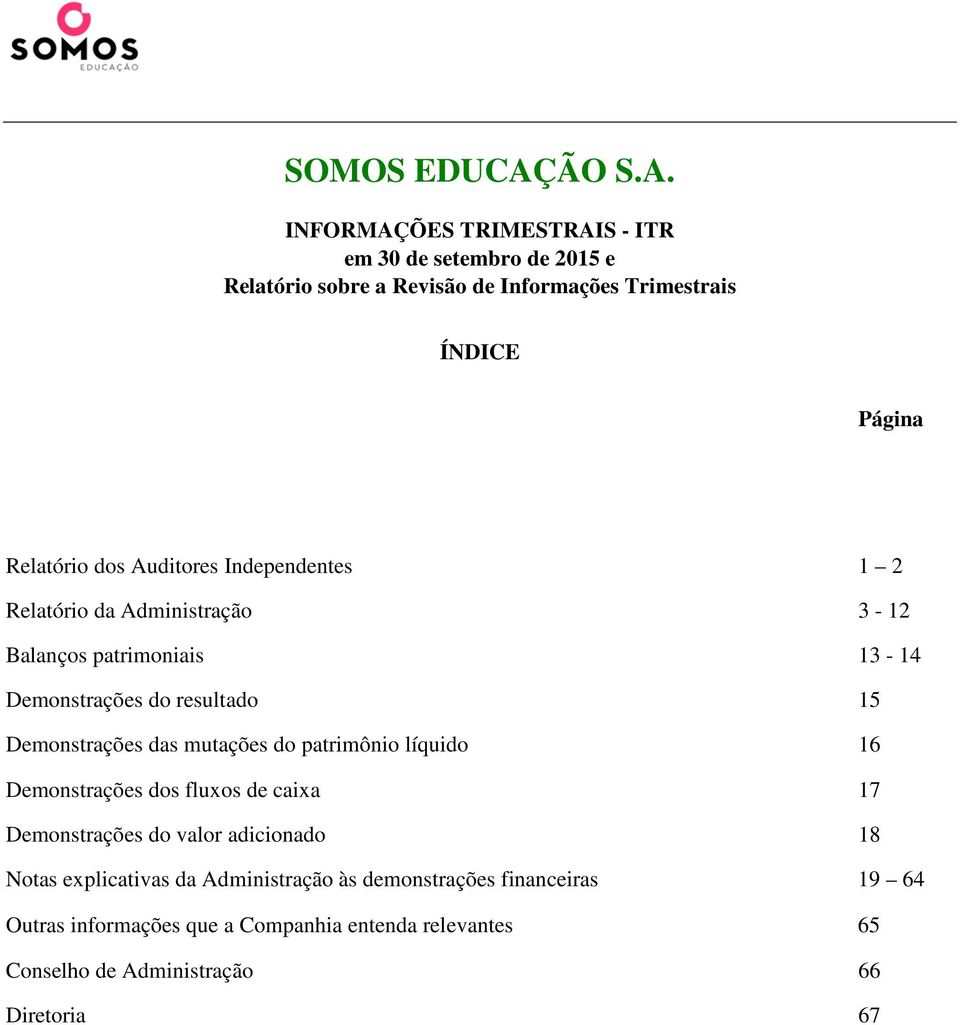 INFORMAÇÕES TRIMESTRAIS - ITR em 30 de setembro de 2015 e Relatório sobre a Revisão de Informações Trimestrais ÍNDICE Página Relatório dos