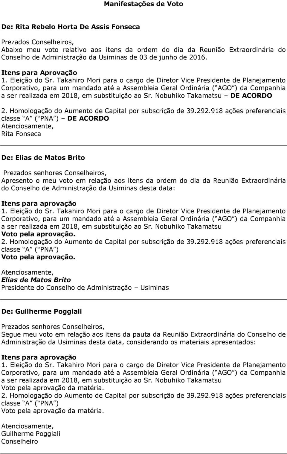 Nobuhiko Takamatsu DE ACORDO classe A ( PNA ) DE ACORDO Rita Fonseca De: Elias de Matos Brito Prezados senhores Conselheiros, Apresento o meu voto em relação aos itens da ordem do dia da Reunião