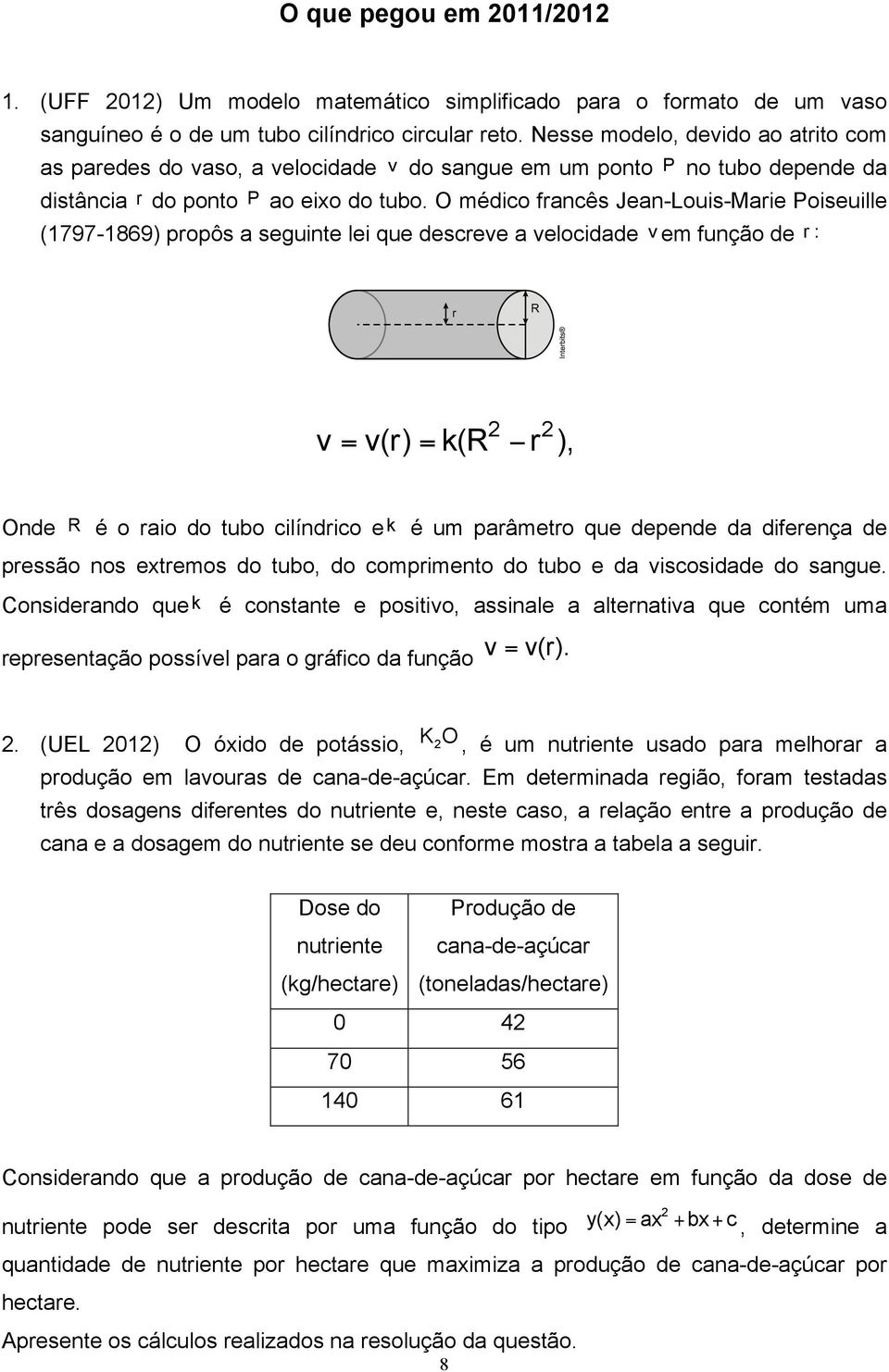 O médico francês Jean-Louis-Marie Poiseuille (1797-1869) propôs a seguinte lei que descreve a velocidade v em função de r: 2 2 v = v(r) = k(r r ), Onde R é o raio do tubo cilíndrico e k é um