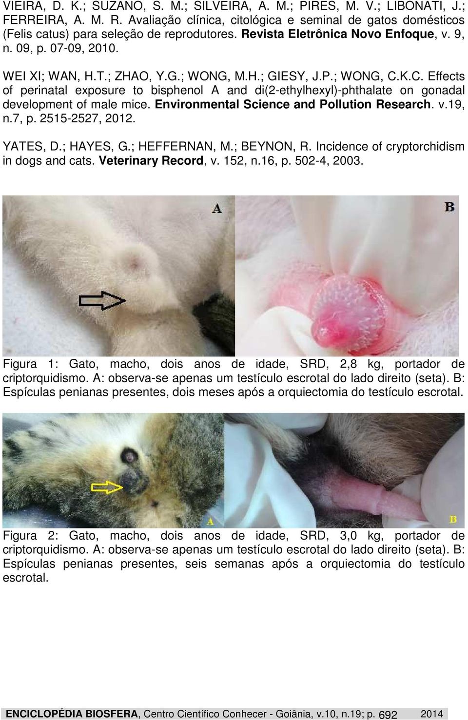 K.C. Effects of perinatal exposure to bisphenol A and di(2-ethylhexyl)-phthalate on gonadal development of male mice. Environmental Science and Pollution Research. v.19, n.7, p. 2515-2527, 2012.