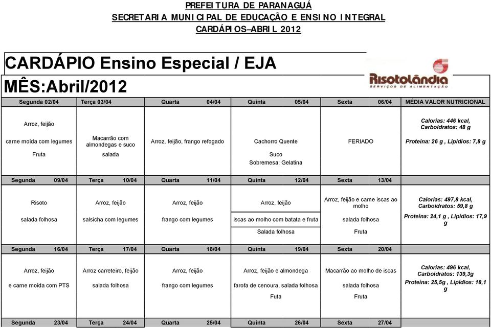 Quarta 11/04 Quinta 12/04 Sexta 13/04 Risoto Arroz, feijão Arroz, feijão Arroz, feijão Arroz, feijão e carne iscas ao molho Calorias: 497,8 kcal, Carboidratos: 59,8 g salada folhosa salsicha com
