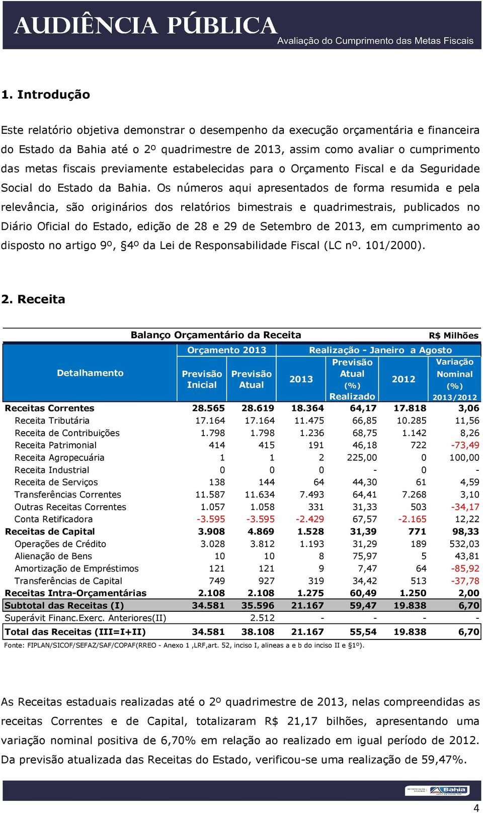 Os números aqui apresentados de forma resumida e pela relevância, são originários dos relatórios bimestrais e quadrimestrais, publicados no Diário Oficial do Estado, edição de 28 e 29 de Setembro de