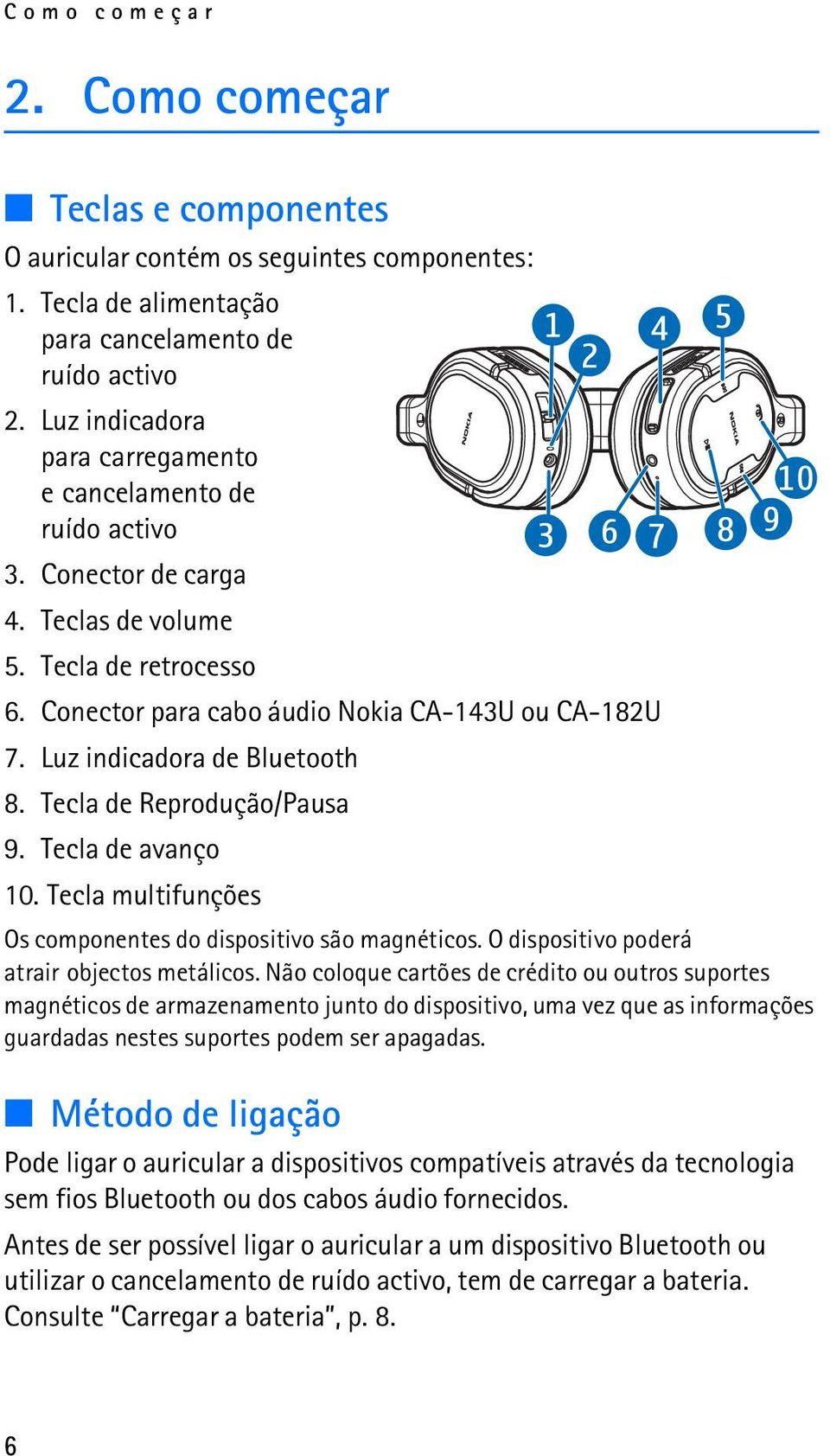 Luz indicadora de Bluetooth 8. Tecla de Reprodução/Pausa 9. Tecla de avanço 10. Tecla multifunções Os componentes do dispositivo são magnéticos. O dispositivo poderá atrair objectos metálicos.